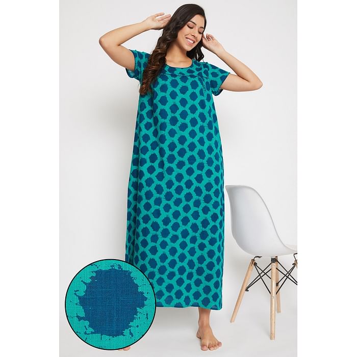 

Clovia Abstract Print Long Night Dress in Teal - 100% Cotton - NS1211A08, Navy