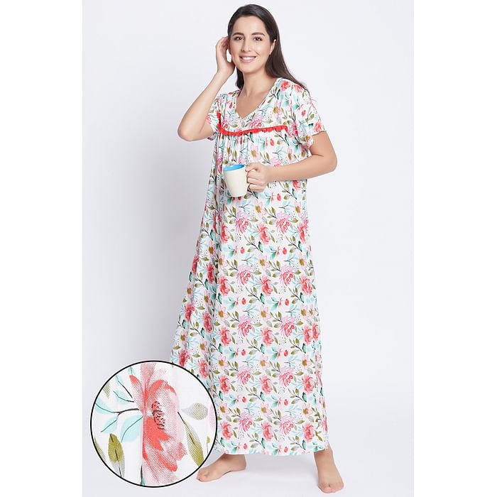 

Clovia Pretty Florals Long Nightdress in White - Rayon - NS1211A18