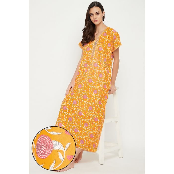 

Clovia Pretty Florals Long Nighty in Dark Yellow - 100% Cotton - NS1211D07, Mustard