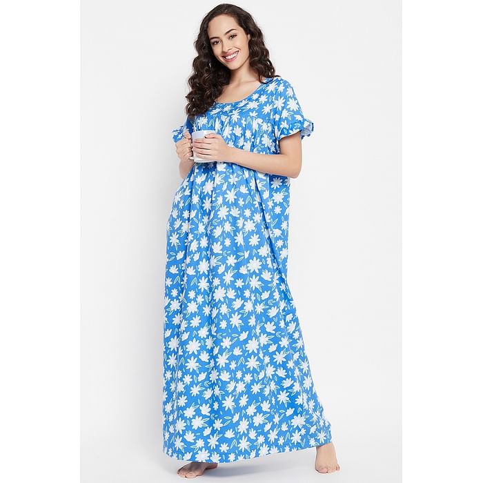 

Clovia Pretty Florals Long Nighty in Cobalt Blue - Rayon - NS1211D08, Navy