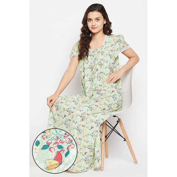 

Clovia Print Me Pretty Long Night Dress in Sage Green - Rayon - NS1211D11, Light green