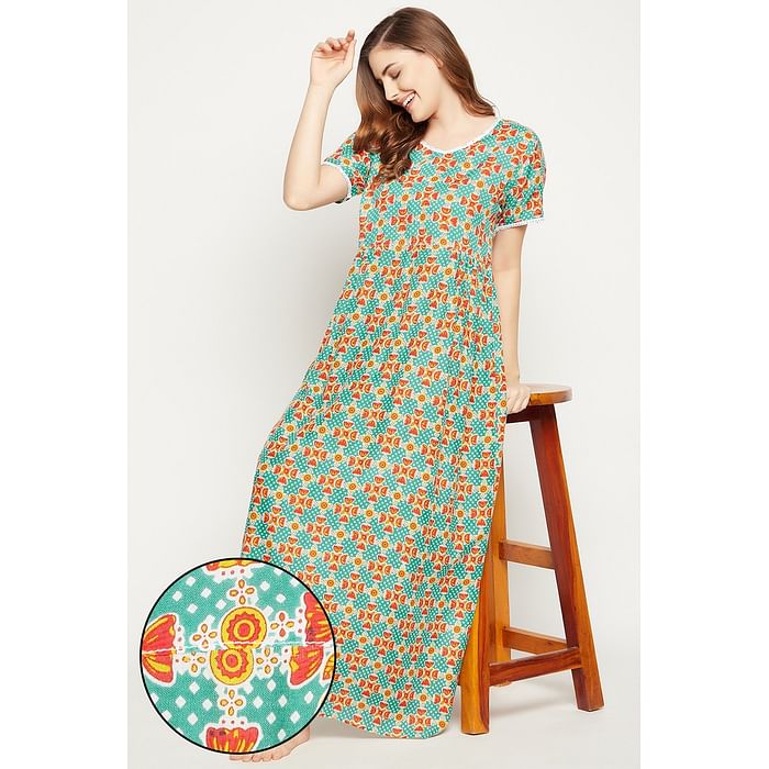 

Clovia Print Me Pretty Long Nighty in Dark Green - Rayon - NS1211D17