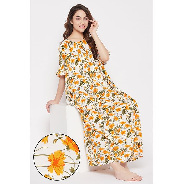 

Clovia Pretty Florals Long Night Dress in White - Rayon - NS1211E18