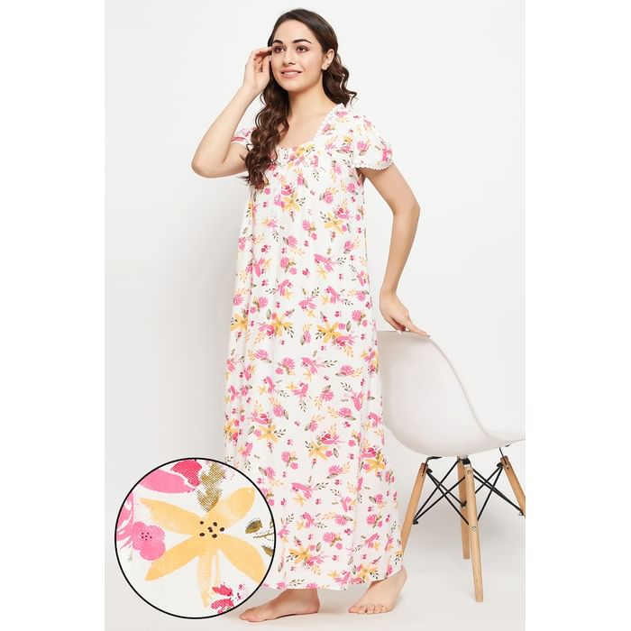 

Clovia Pretty Florals Long Nighty in White - Rayon - NS1211H18