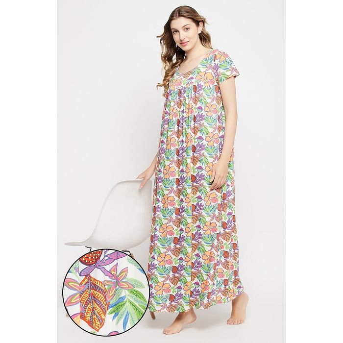 

Clovia Pretty Florals Long Night Dress in White - Rayon - NS1211I18