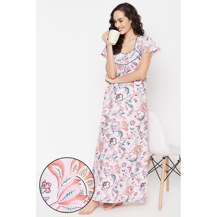 

Clovia Pretty Florals Long Nighty in Baby Pink - 100% Cotton - NS1211J22, Light pink
