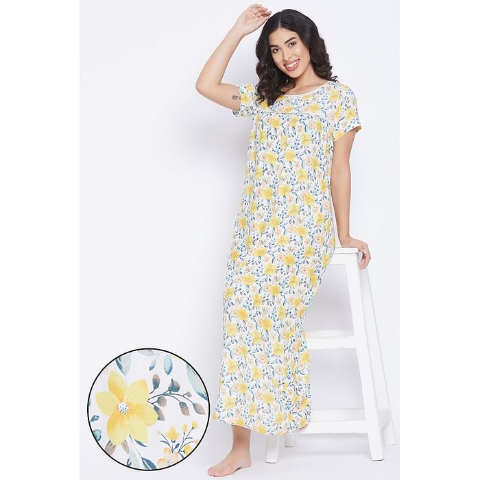 

Clovia Pretty Florals Long Night Dress in White - Rayon - NS1211P02, Light yellow