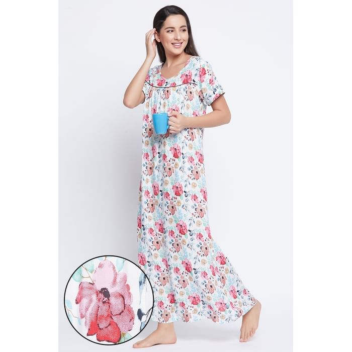 

Clovia Pretty Florals Long Nightdress in White - Rayon - NS1211P18