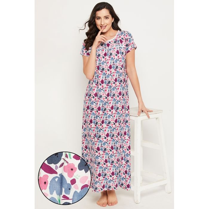 

Clovia Pretty Florals Long Nighty in White - Cotton Rich - NS1211P19, Multicolour