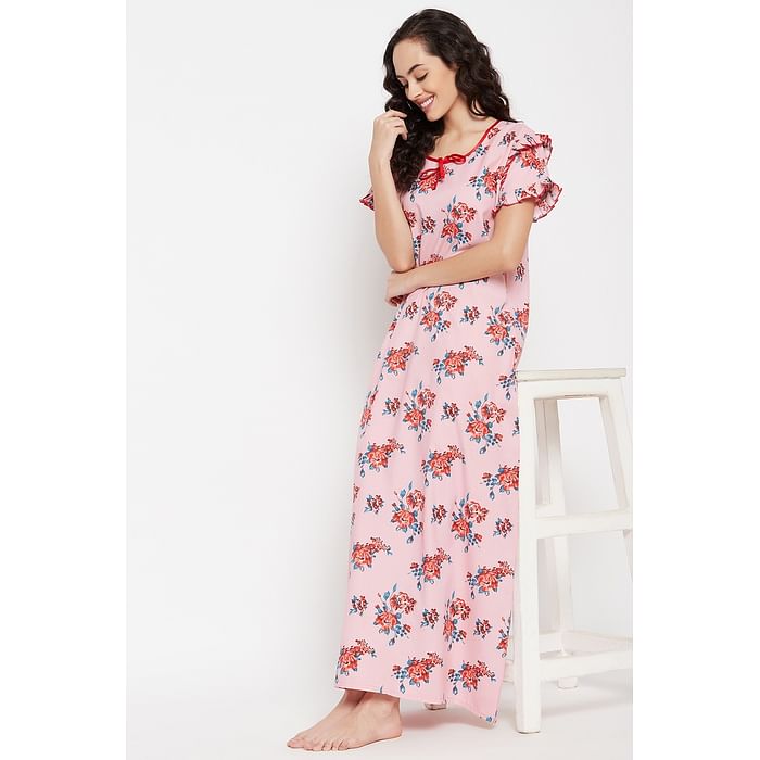 

Clovia Pretty Florals Long Nighty in Peach Colour - 100% Cotton - NS1211P34, Teal