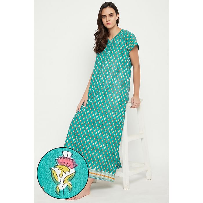 

Clovia Print Me Pretty Long Nighty in Sea Green - 100% Cotton - NS1211P36, Teal