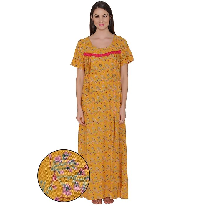 

Clovia Floral Print Long Night Dress - Cotton Rich - NS1211R07, Mustard