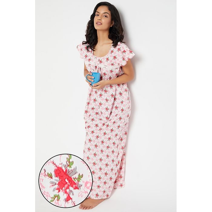 

Clovia Pretty Florals Long Nighty in White - 100% Cotton - NS1211S22, Light pink
