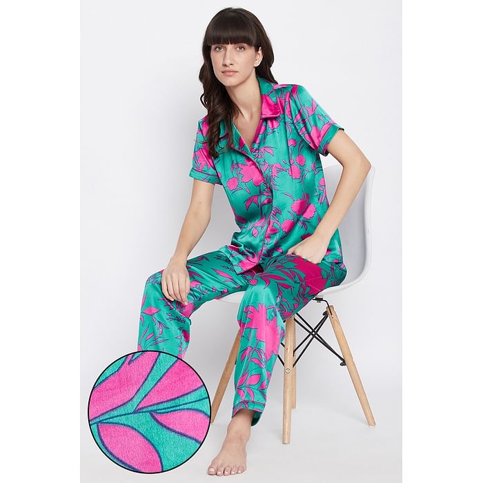 

Clovia Pretty Florals Button Me Up Shirt & Pyjama Set in Turquoise Green - Satin - NS1212P17, Dark green