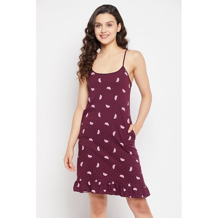 

Clovia Grapefruit Print Short Night Dress in Wine Colour - 100% Cotton - NS1216D15, Purple