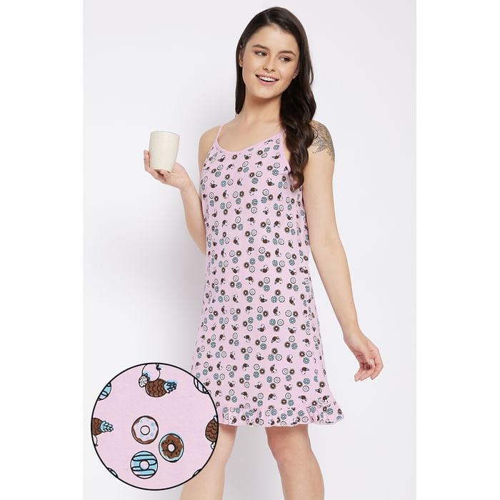 

Clovia Donut Print Short Night Dress in Light Pink- 100% Cotton - NS1216D22