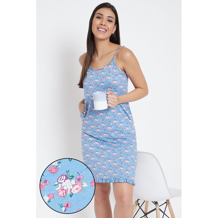 

Clovia Pretty Florals Short Night Dress in Light Blue - 100% Cotton - NS1216P08, Navy