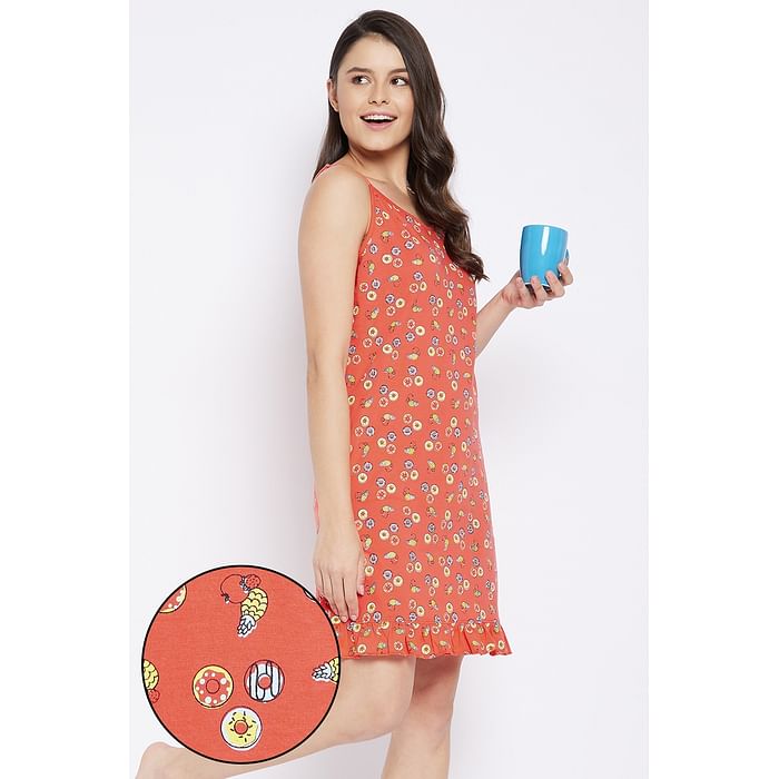 

Clovia Donut Print Short Night Dress in Orange - 100% Cotton - NS1216P16