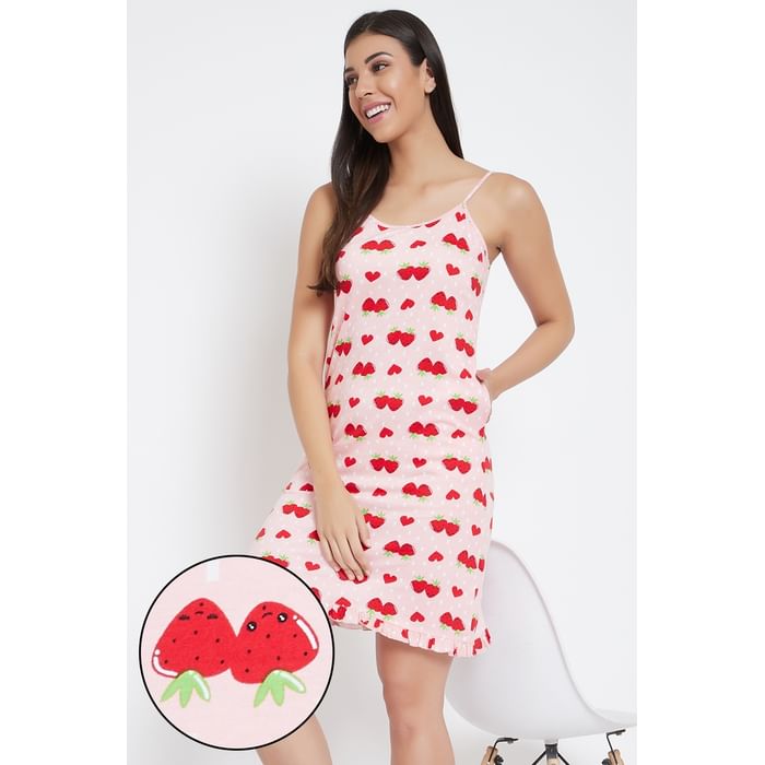 

Clovia Strawberry Print Short Night Dress in Baby Pink - 100% Cotton - NS1216P22, Light pink