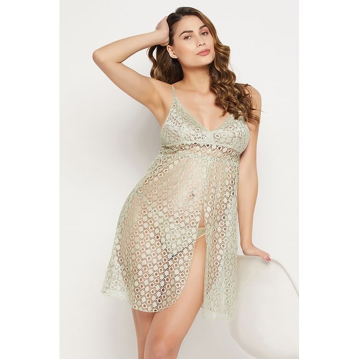 

Clovia Chic Basic Semi-Sheer Babydoll in Sage Green with Matching G-string - Lace - NS1224P11, Light green