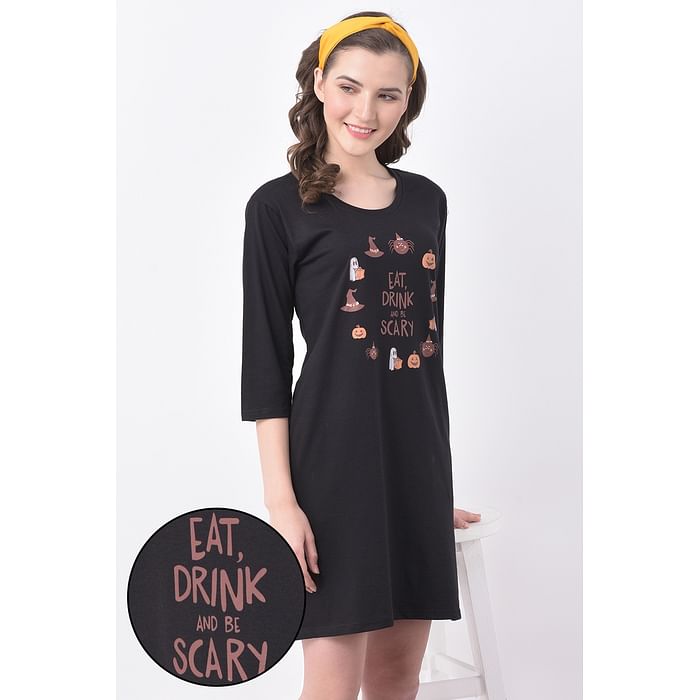 

Clovia Eat, Drink and Be Scary Text Print Short Night Dress in Black- 100% Cotton - NS1233A13