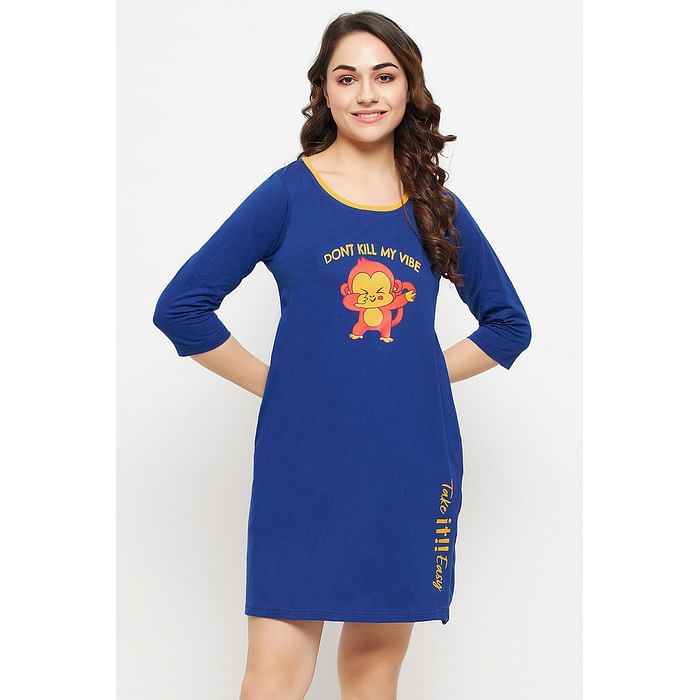 

Clovia Print Me Pretty Short Night Dress in Royal Blue - 100% Cotton - NS1233F08, Navy