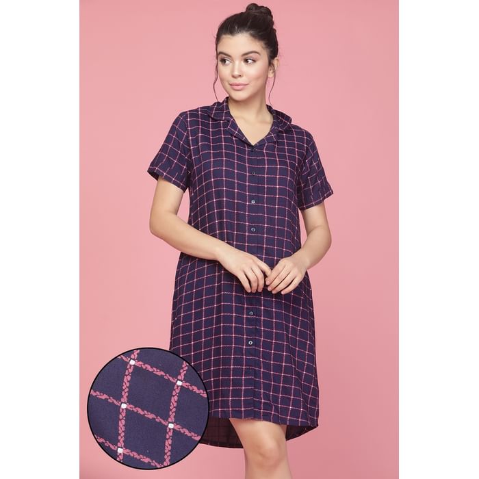 

Clovia Classic Checks Button Me Up Short Night Dress in Navy - Cotton Rich - NS1244A08
