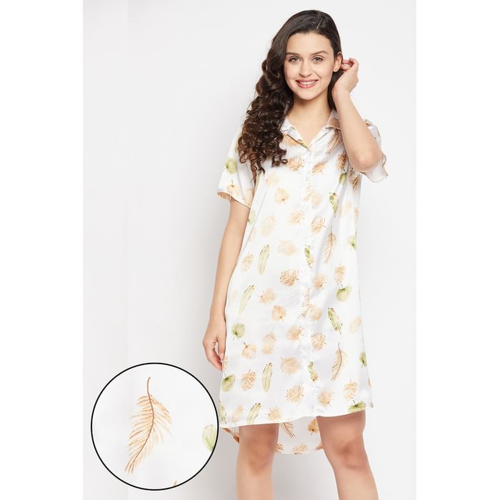 

Clovia Leaf Print Sleep Shirt in White - Satin - NS1244A18