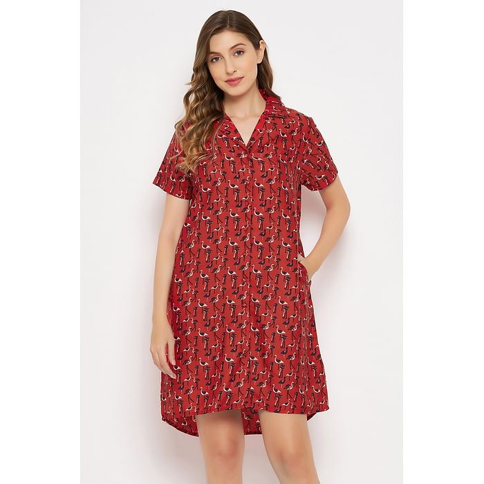 

Clovia Flamingo Print Short Night Dress in Red - Crepe - NS1244D04