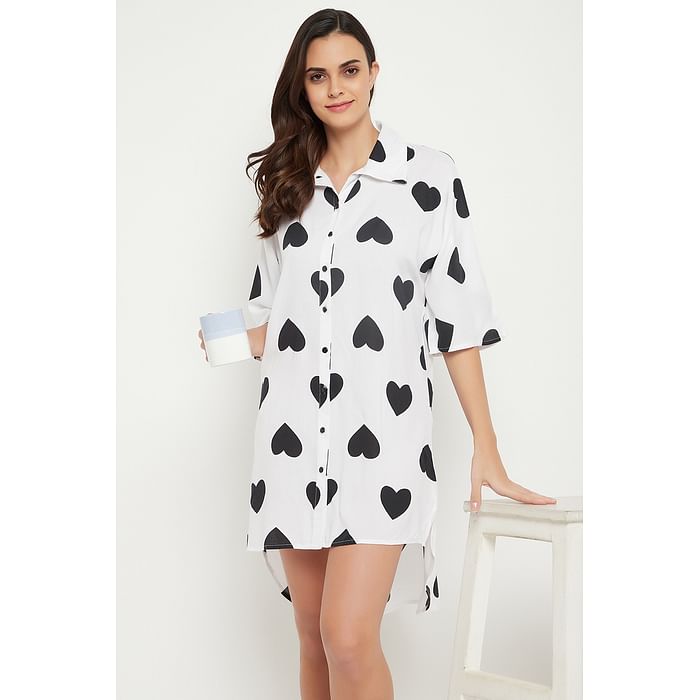 

Clovia Heart Print Button Me Up Short Night Dress in White - Rayon - NS1244D18