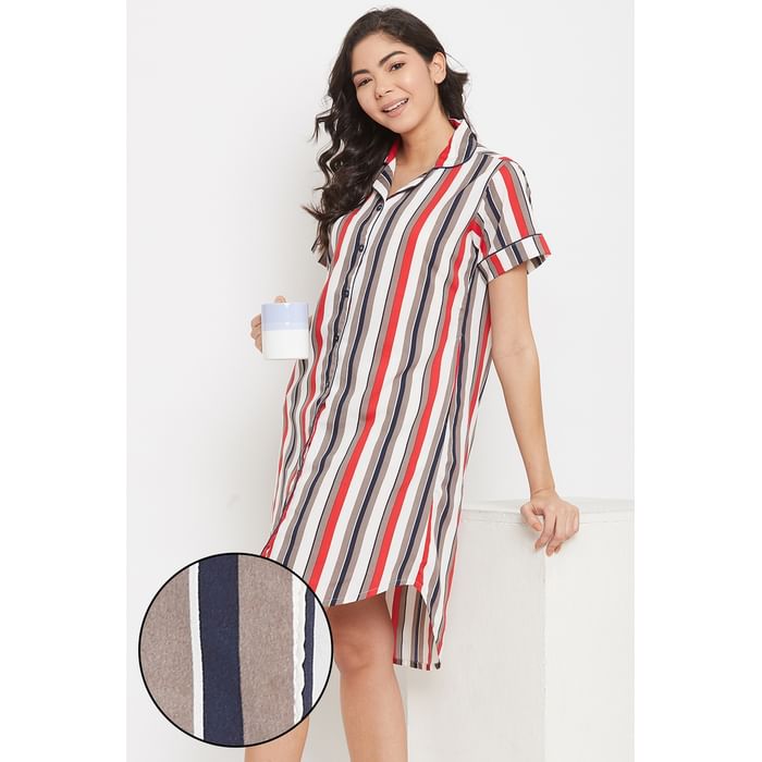 

Clovia Sassy Stripes Button Me Up Sleep Shirt in Multicolour - Crepe - NS1244P04, Red
