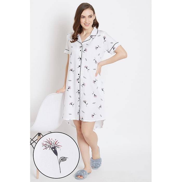 

Clovia Button Me Up Pretty Florals Short Night Dress in White - Rayon - NS1244P18