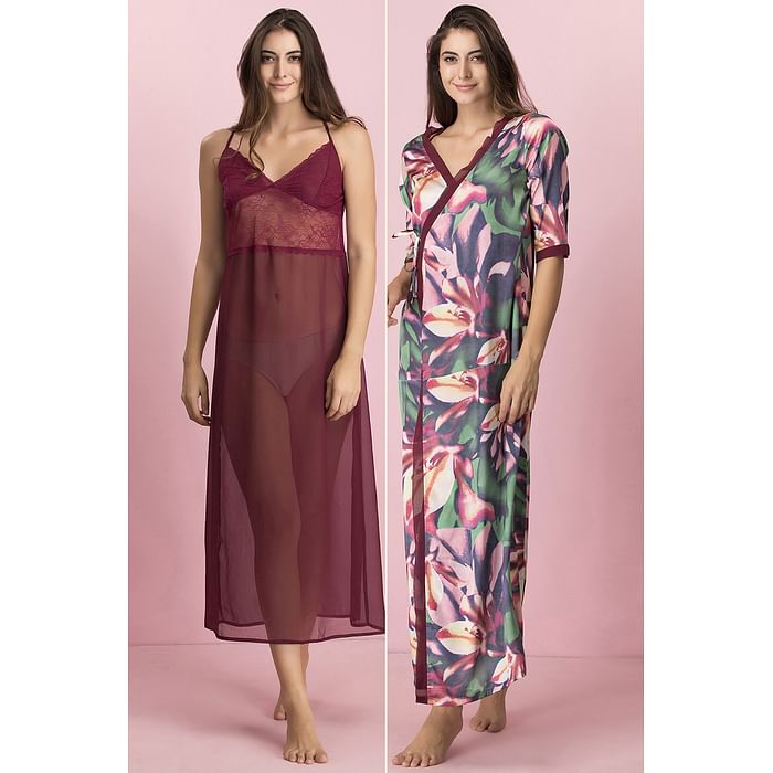 

Clovia Sheer Long Night Dress with Satin Floral Print Robe - NS1246R22, Light pink