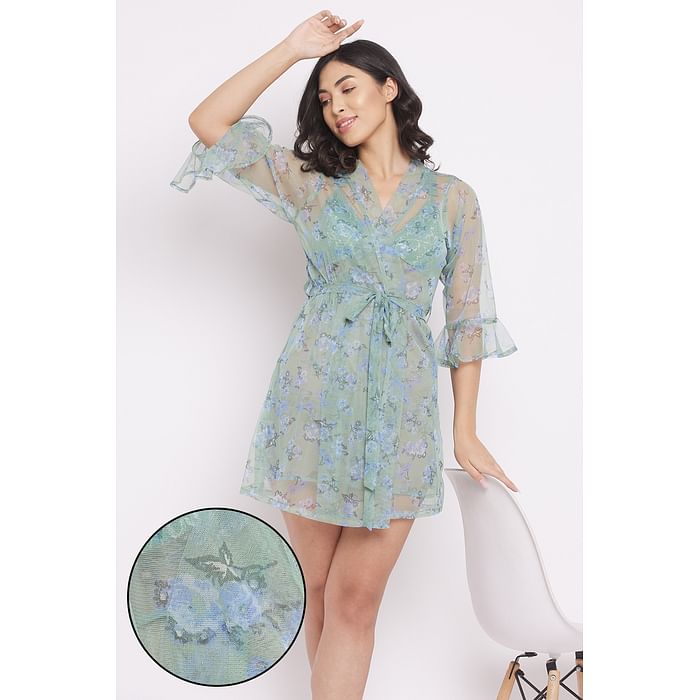 

Clovia Pretty Florals Robe in Powder Blue - Georgette - NS1291P17, Dark green