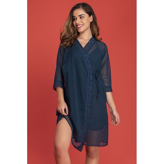 

Clovia Sheer Bridal Robe in Navy - Georgette - NS1292P08