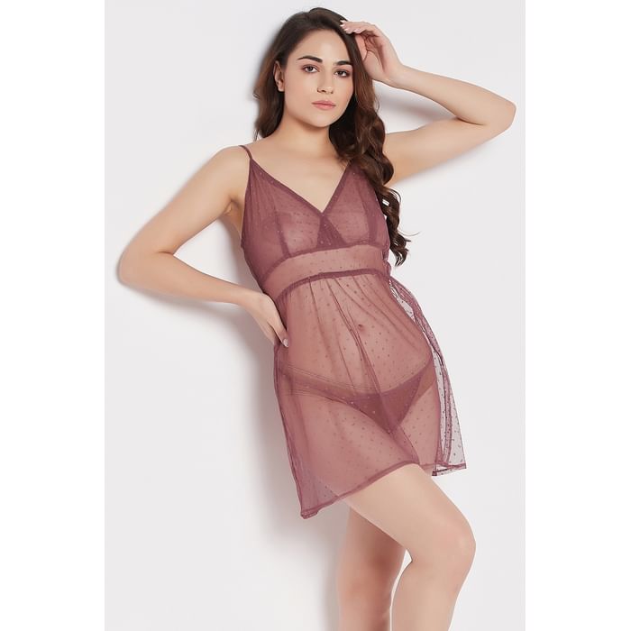 

Clovia Chic Basic Sheer Babydoll in Dusty Pink with Matching Thong - Lace - NS1300E22, Light pink