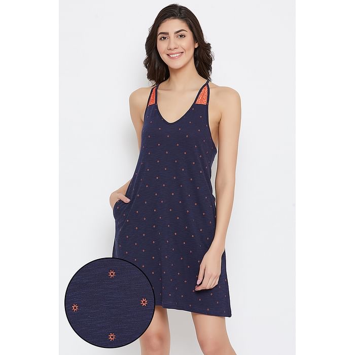 

Clovia Printed Short Night Dress in Navy- Cotton Rich - NS1308P08