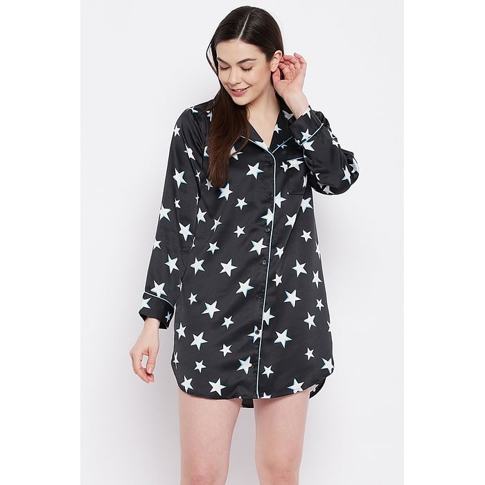 

Clovia Star Print Button Me Up Short Nightdress in Black - Satin - NS1312A13