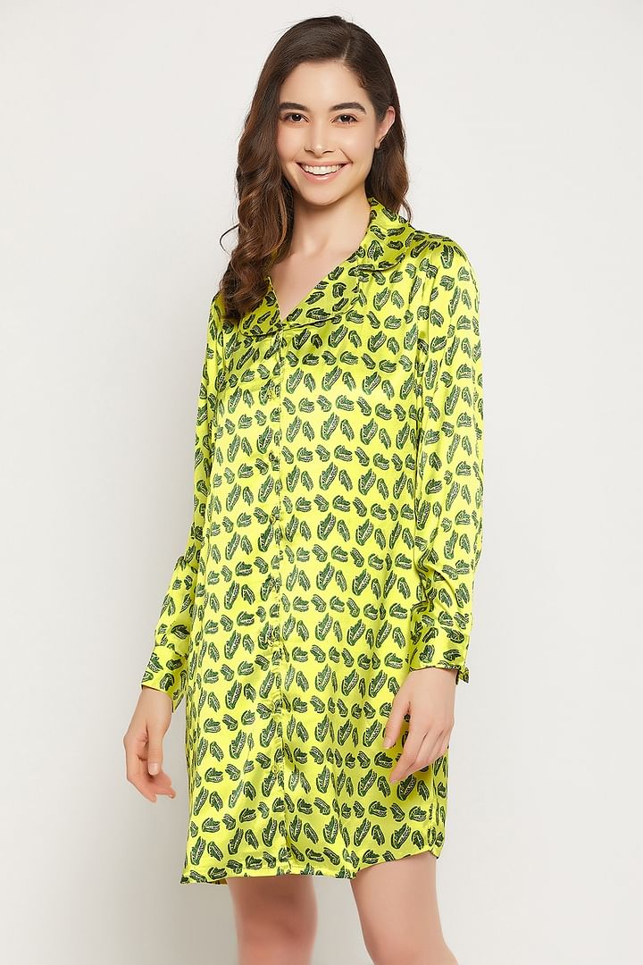 Buy Crocodile Print Button Down Sleep Shirt in Yellow - Satin Online India,  Best Prices, COD - Clovia - NS1312P02