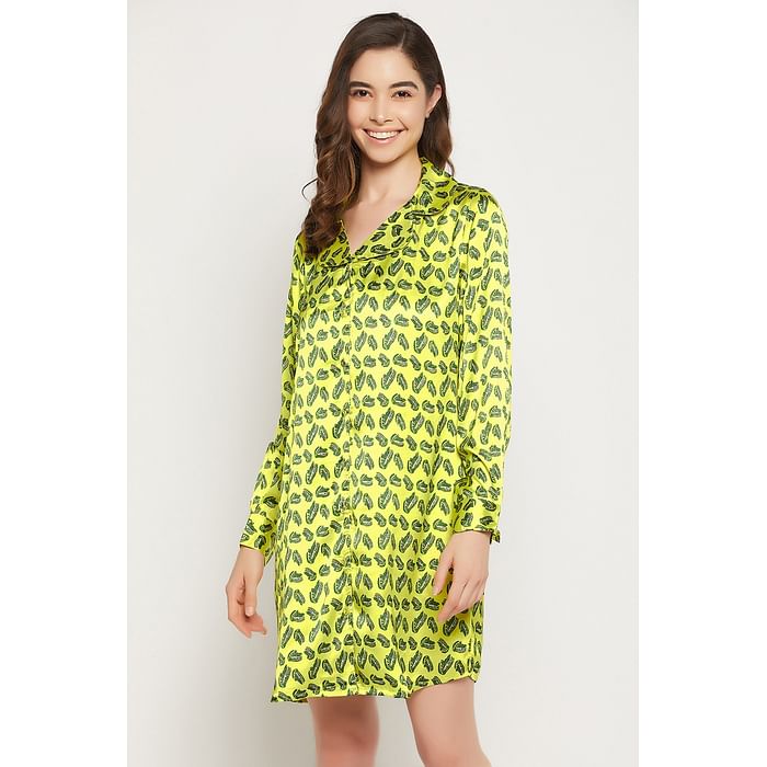 

Clovia Crocodile Print Button Down Sleep Shirt in Yellow - Satin - NS1312P02, Light yellow