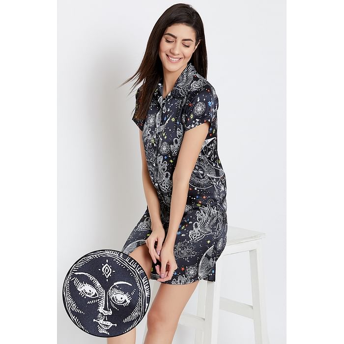 

Clovia Button Me Down Short Night Dress in Black- Satin - NS1312P13