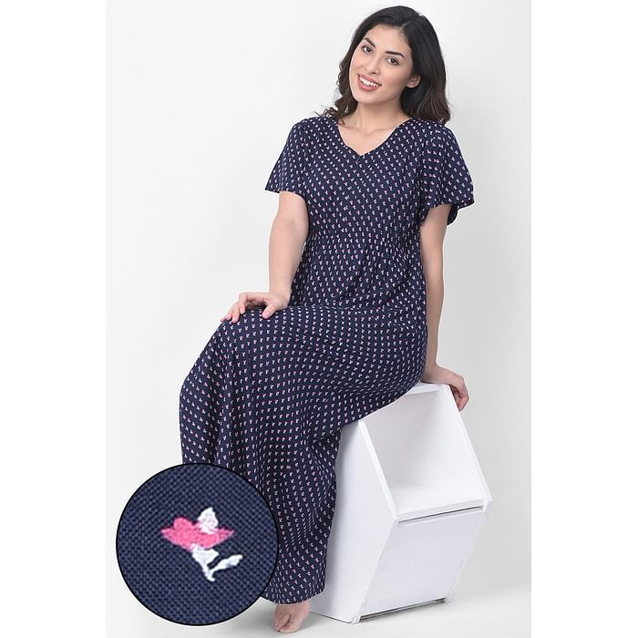 

Clovia Feeding Print Me Pretty Long Night Dress with Front Zip in Navy - Rayon - NS1313P08