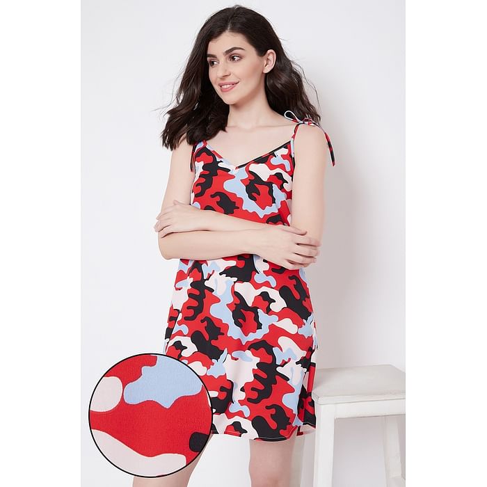 

Clovia Cool Camouflage Night Dress with Tie-Up Straps in Crepe- Multicolour - NS1324P04, Red