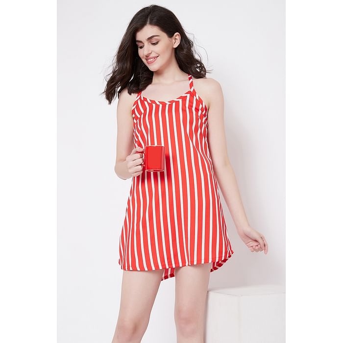 

Clovia Sassy Stripes Babydoll in Red- Crepe - NS1328P04