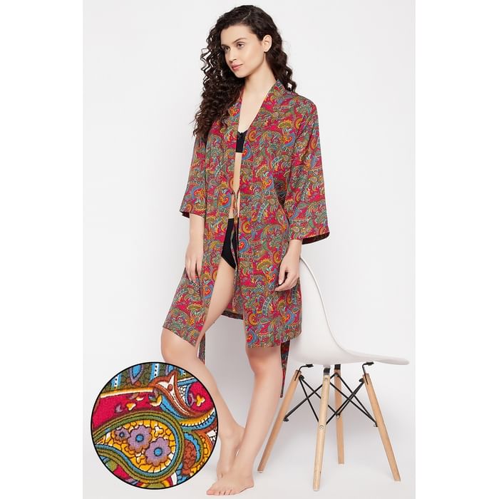 

Clovia Paisley Print Robe in Multicolour - Crepe - NS1329D14, Pink