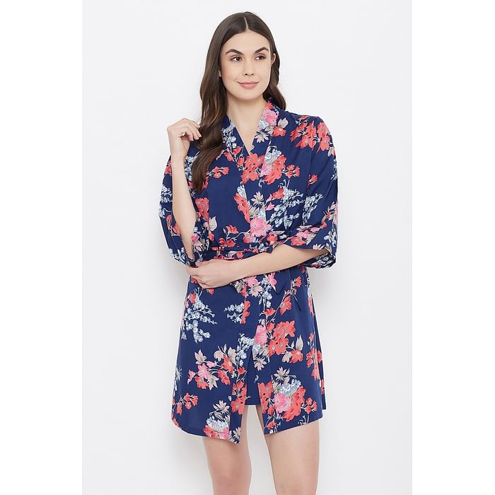 

Clovia Pretty Florals Robe in Navy - Crepe - NS1329E08