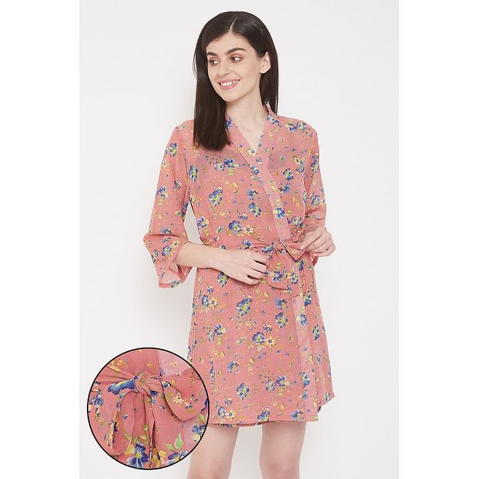 

Clovia Pretty Florals Robe in Pink- Georgette - NS1329P34, Teal