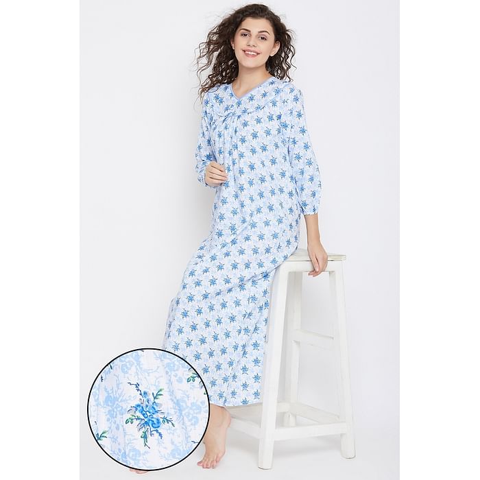 

Clovia Pretty Florals Long Night Dress in Blue - 100% Cotton - NS1332P08, Navy
