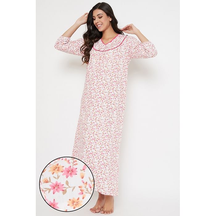 

Clovia Pretty Florals Long Nighty in White - 100% Cotton - NS1332P14, Pink