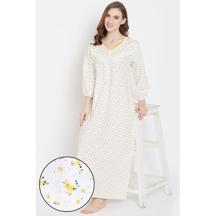 

Clovia Pretty Florals Feeding Long Nighty in Yellow- 100% Cotton - NS1333P02, Light yellow
